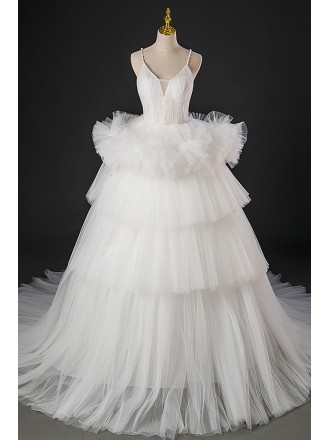 White Pleated Tiered Ballgown Formal Prom Dress With Straps