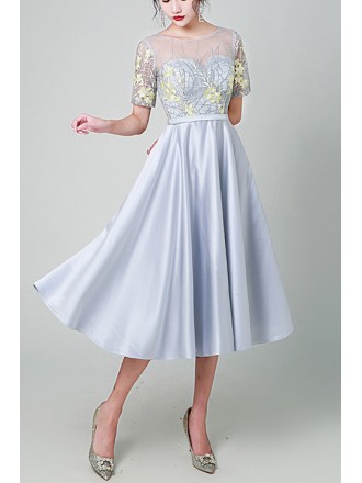 Pretty Aline Satin Tea Length Party Dress With Flowers Short Sleeves