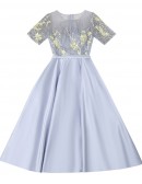 Pretty Aline Satin Tea Length Party Dress With Flowers Short Sleeves