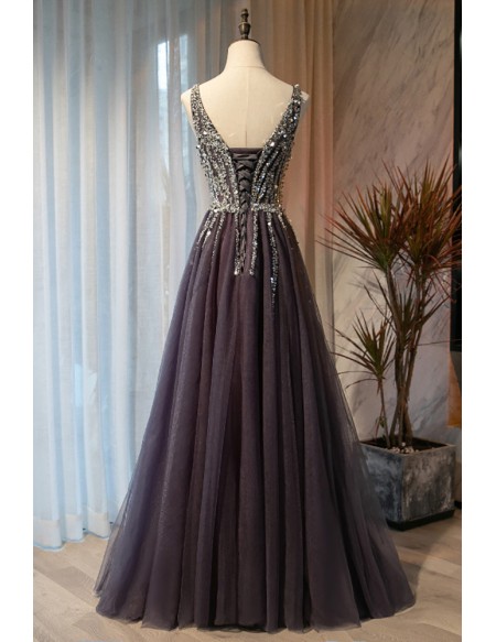 Slim Aline Long Tulle Vneck Prom Dress With Bling Sequins