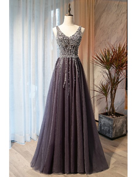 Slim Aline Long Tulle Vneck Prom Dress With Bling Sequins