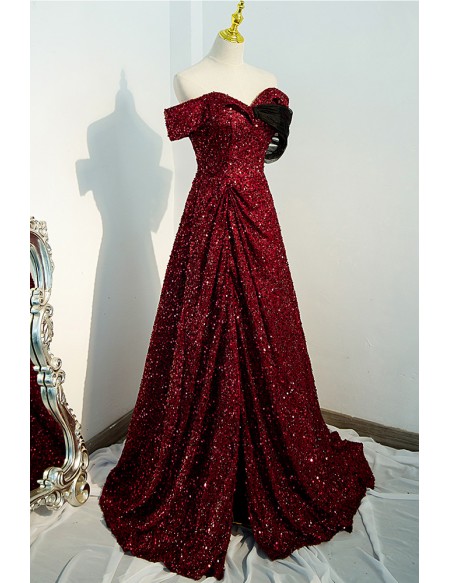 Sparkly Burgundy Bling Sequins Evening Dress With Split Front