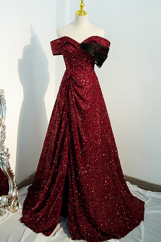 Elegant Burgundy Long Sleeves Evening Dress Split Ruffles With Beadings main image 1