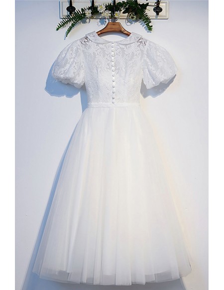Cute Baby Collar White Lace Tea Length Party Dress With Short Sleeves