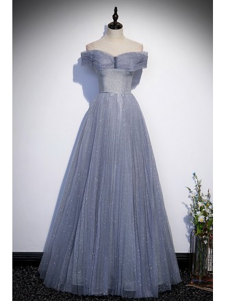 Fantasy Dusty Blue Bling Tulle Prom Dress Off Shoulder With Bling