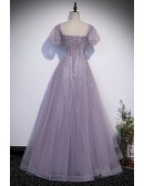 Purple Sequined Flowy Long Tulle Prom Dress With Bling Short Sleeves
