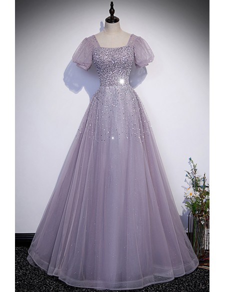 Purple Sequined Flowy Long Tulle Prom Dress With Bling Short Sleeves