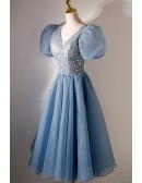 Gorgeous Bling Tulle Blue Midi Homecoming Prom Dress With Bubble Sleeves