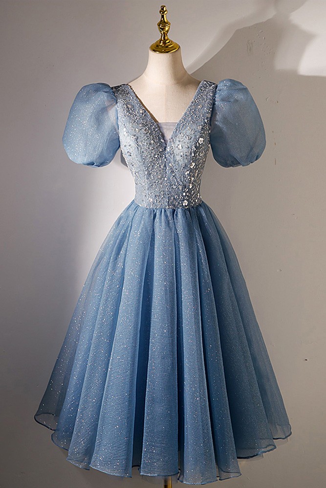 Gorgeous Bling Tulle Blue Midi Homecoming Prom Dress With Bubble ...