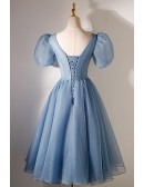Gorgeous Bling Tulle Blue Midi Homecoming Prom Dress With Bubble Sleeves