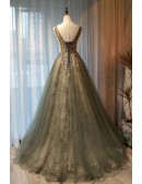 Fantasy Dusty Green Tulle Long Prom Dress Sleeveless With Sequins