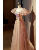 Lovely Bow Knot Champagne Aline Tulle Prom Dress With Puffy Sleeves