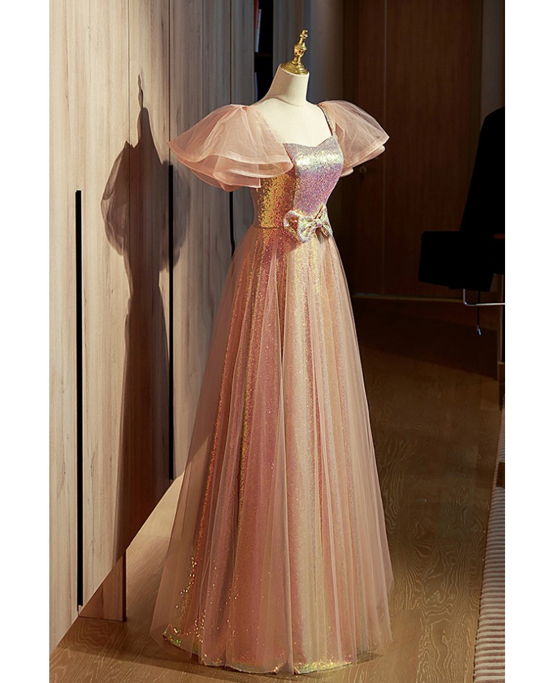 Lovely Bow Knot Champagne Aline Tulle Prom Dress With Puffy Sleeves Mx17026 0264