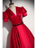 French Romantic Burgundy Tea Length Retro Party Dress With Short Sleeves