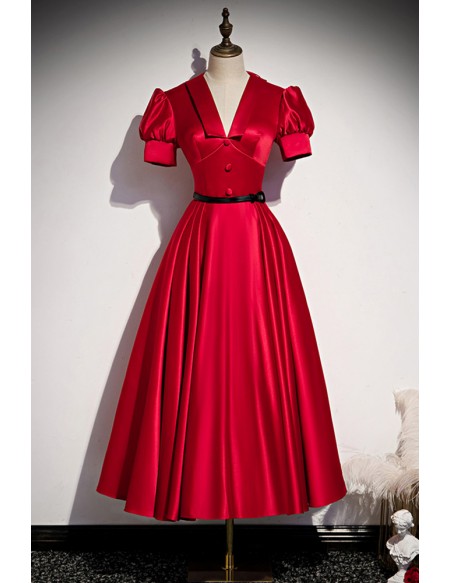 French Romantic Burgundy Tea Length Retro Party Dress With Short Sleeves