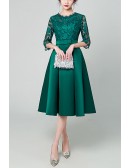 Green Satin With Lace Party Dress With Lace Sleeves