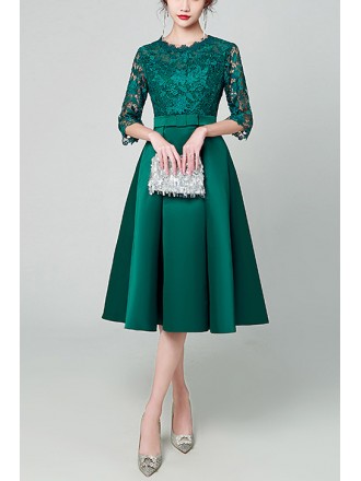 Green Satin With Lace Party Dress With Lace Sleeves