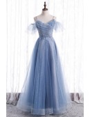 Fantasy Blue Bling Sequins Aline Prom Dress With Spaghetti Straps