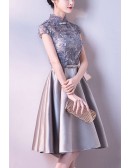 Elegant Aline Silver Satin Party Dress With Cap Sleeves