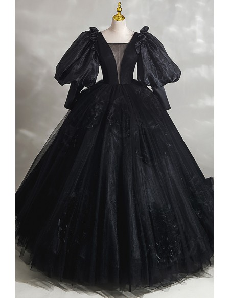 Unique Formal Black Ballgown Prom Dress Vneck With Bubble Sleeves