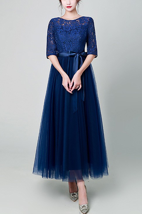 Flowy Tulle With Lace Maxi Party Dress With Lace Half Sleeves #J1808 - GemGrace.com Flowy Tulle With Lace Maxi Party Dress With Lace Half Sleeves #J1808 - GemGrace.com