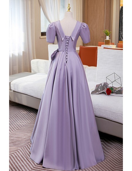 Purple Vneck Collar Long Formal Dress With Big Bow Knot
