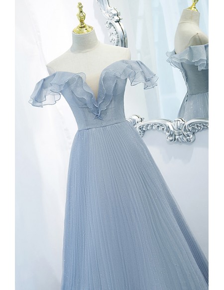 Gorgeous Blue Pleated Tulle Prom Dress Off Shoulder With Ruffles