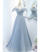 Gorgeous Blue Pleated Tulle Prom Dress Off Shoulder With Ruffles