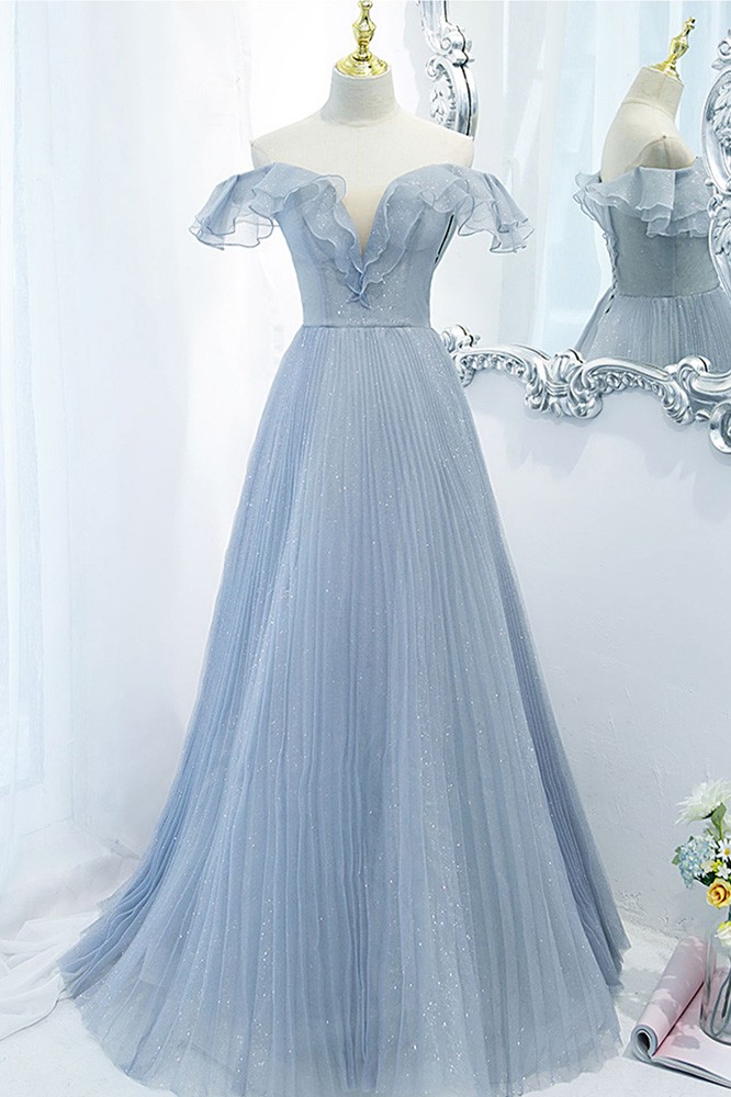 Gorgeous Blue Pleated Tulle Prom Dress Off Shoulder With Ruffles # ...