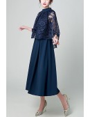 Modest Navy Blue Tea Length Wedding Party Dress With Cape Lace