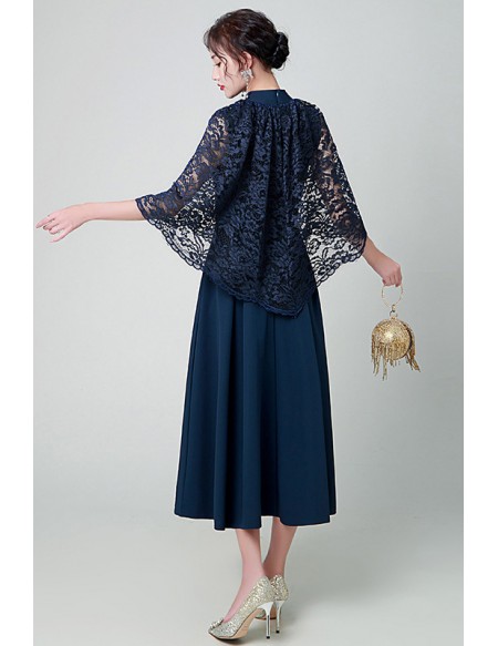 Modest Navy Blue Tea Length Wedding Party Dress With Cape Lace