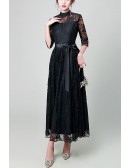 Black Lace Elegant Party Dress With Sash Turtle Neck
