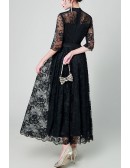 Black Lace Elegant Party Dress With Sash Turtle Neck