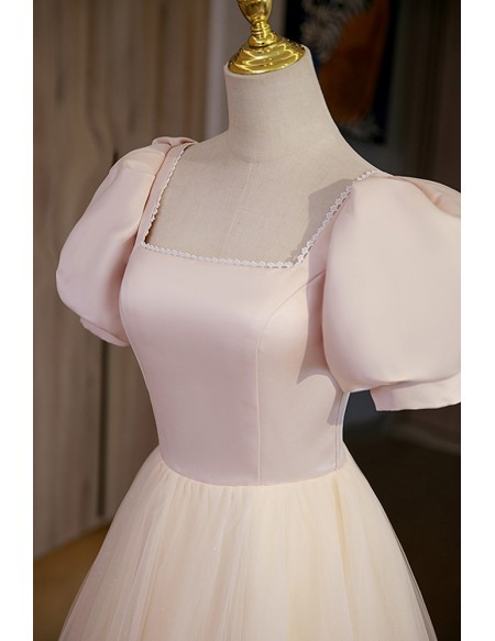 Lovely Pink Tulle Simple Party Prom Dress With Square Neck Sleeves