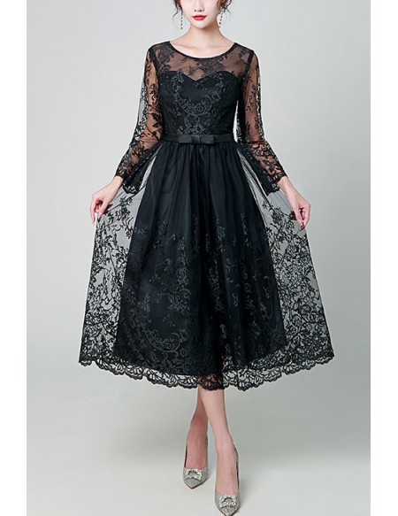 Illusion Long Sleeves Black Lace Party Dress Tea Length
