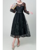 Illusion Long Sleeves Black Lace Party Dress Tea Length