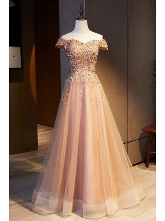 Gold Sequined Long Tulle Evening Prom Dress With Bling