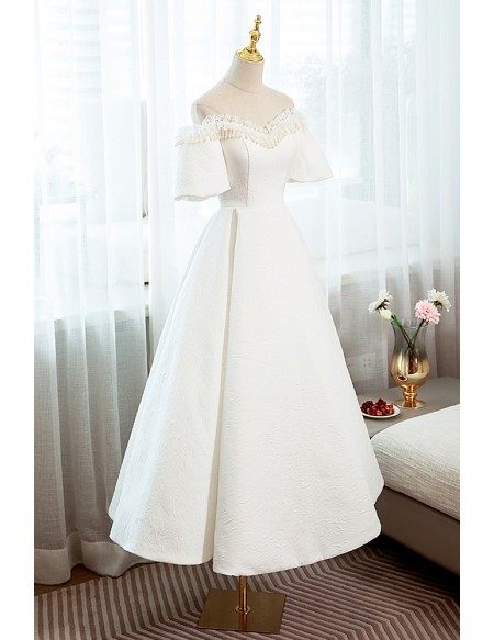 Elegant White Tea Length Party Dress With Sleeves