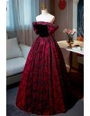 Burgundy Roses Pattern Long Evening Prom Dress With Laceup Back