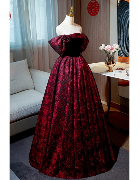 Burgundy Roses Pattern Long Evening Prom Dress With Laceup Back