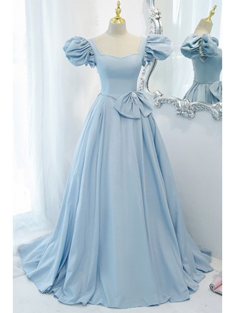 Princess Bubble Sleeved Blue Long Prom Dress Beautiful With Bow Knot