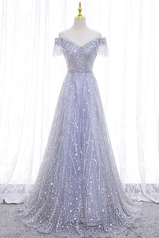 Off Shoulder Gradient Black-Silver Sequin Long Prom Dresses, PD0858 main image 0