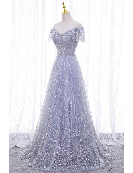Gorgeous Off Shoulder Sleeved Silver Sequined Long Prom Dress