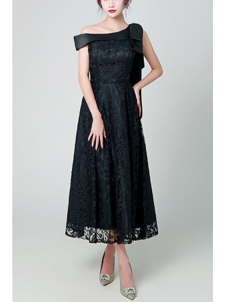 Black Lace Aline One Shoulder Party Dress