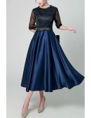 Navy Blue Satin And Black Lace Tea Length Party Dress For Weddings