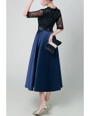 Navy Blue Satin And Black Lace Tea Length Party Dress For Weddings