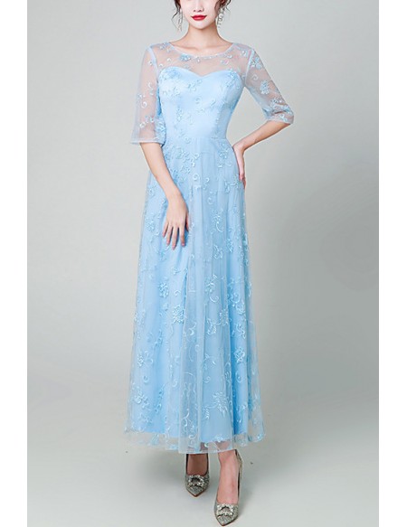 Comfy Lace Round Neck Maxi Party Dress With Illusion Sleeves