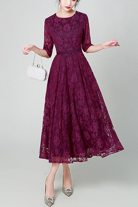 Purple Aline Tea Length Lace Party Dress With Half Sleeves #J1821 ...