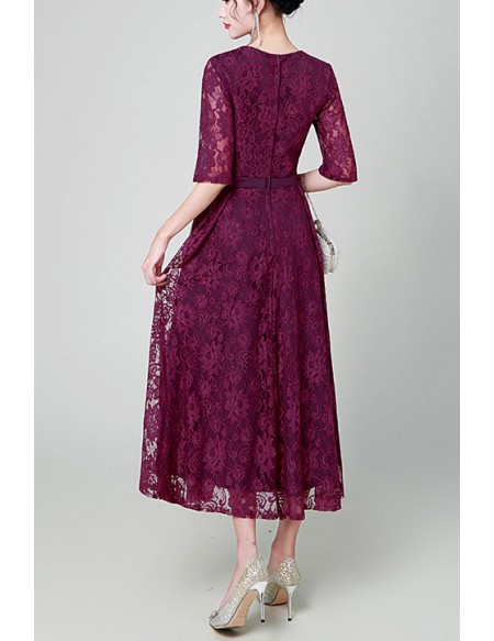 Purple Aline Tea Length Lace Party Dress With Half Sleeves