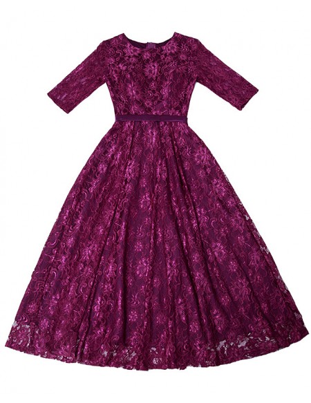 Purple Aline Tea Length Lace Party Dress With Half Sleeves